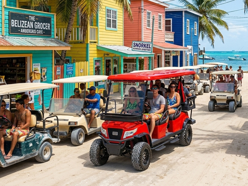 Golf cart at tropical San Pedro beach
