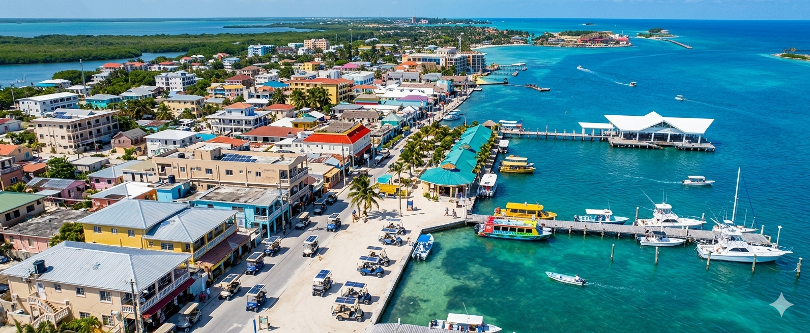 Aerial view of San Pedro town and the Caribbean Sea, Ambergris Caye Belize