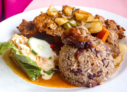 rice and beans with stew chicken